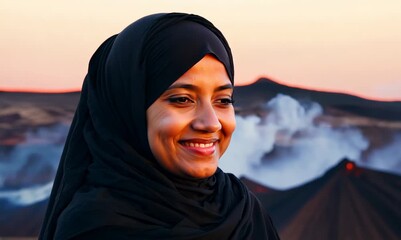 Wall Mural - Medium shot portrait video of a pleased woman in her 20s wearing hijab against a volcano or lava background