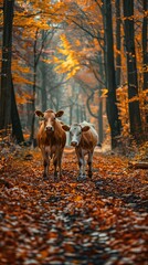 Poster - Two Cows Walking Through Autumn Forest