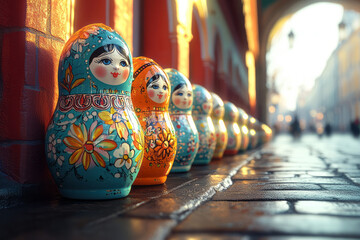 Artistic rendering of matryoshka dolls in a dynamic, layered composition with overlapping elements,