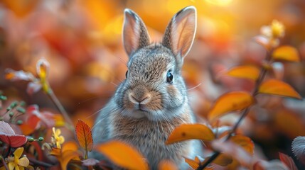 Poster - Cute Bunny in Autumn Foliage