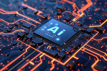 Poster - cpu is glowing with ai inscription on a motherboard with luminous lines, symbolizing the power of ar