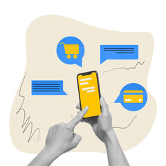 Wall Mural - Human hand interacting mobile phone. Social media, online shopping, mobile commerce and customer journey. Contemporary art collage. Concept of digital marketing, business, technology, e-commerce