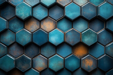 Poster - Abstract geometric pattern featuring hexagonal tiles in varying shades of blue and green,