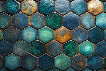 Poster - Abstract geometric pattern featuring hexagonal tiles in varying shades of blue and green,