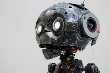 Poster - Close up of a futuristic robot head with glowing eyes on a white background