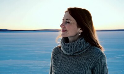 Poster - Lifestyle portrait video of a satisfied woman in her 40s wearing a chic cardigan against a tundra or icy landscape background