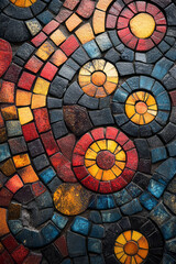 Poster - Whimsical depiction of a geometric mosaic with circular tiles in bright, vibrant colors,