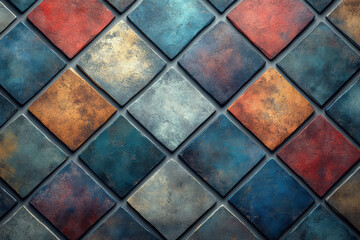 Poster - Artistic rendering of a geometric pattern with diamond-shaped tiles, creating a sense of depth and texture,