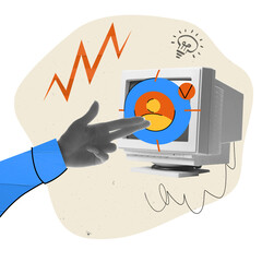 Wall Mural - Human hand pointing on computer screen showing personal icon. Personalization, customer profile, segmentation and target advertisement. Contemporary art collage. Concept of digital marketing, business