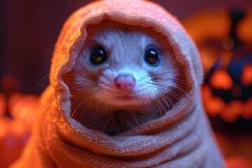 Canvas Print - Cute Ferret Wrapped in a Blanket for Halloween