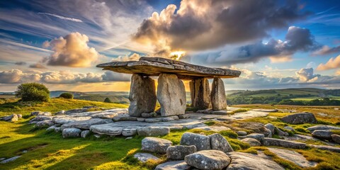 Ancient Poulnabrone Dolmen, a majestic neolithic portal tomb, stands sentinel amidst the limestone pavement of Ireland's ruggedly beautiful Burren landscape in County Clare.