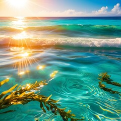 Tranquil sea water surface on a sunny day, Underwater sea in sunlight, tropical blue ocean underwater background