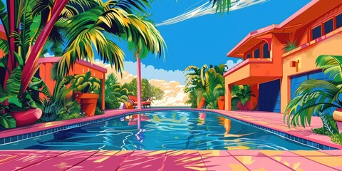 Wall Mural - Tropical poolside villa with lush greenery.