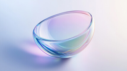 Fototapete - 3D rendering of an abstract futuristic shape resembling a clear contact lens, featuring an iridescent glass texture and pastel hues of blue, purple, green, and pink, floating on a white background.

