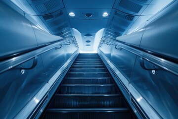 Poster - Escalator in subway station going up with no people in blue monochrome