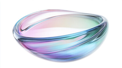 Fototapete - 3D rendering of an abstract futuristic shape resembling a clear contact lens, featuring an iridescent glass texture and pastel hues of blue, purple, green, and pink, floating on a white background.

