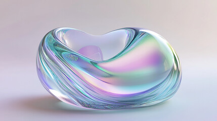 Fototapete - 3D rendering of an abstract futuristic shape resembling a clear contact lens, featuring an iridescent glass texture and pastel hues of blue, purple, green, and pink, floating on a white background.

