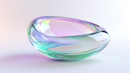 Fototapete - 3D rendering of an abstract futuristic shape resembling a clear contact lens, featuring an iridescent glass texture and pastel hues of blue, purple, green, and pink, floating on a white background.

