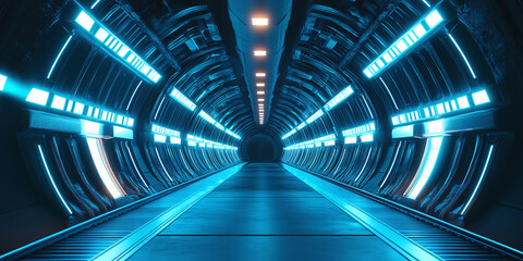 Poster - Futuristic sci-fi tunnel decorated with neon blue lights for an elegant banner design.