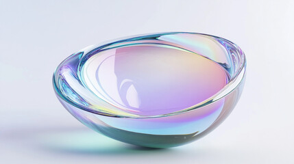 Fototapete - 3D rendering of an abstract futuristic shape resembling a clear contact lens, featuring an iridescent glass texture and pastel hues of blue, purple, green, and pink, floating on a white background.

