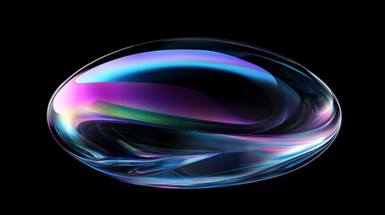 Fototapete - 3D rendering of an abstract futuristic shape resembling a clear contact lens with an iridescent glass texture, floating on a black background. Features pastel colors in blue, purple, green, and pink.
