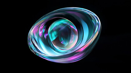 3D rendering of an abstract futuristic shape resembling a clear contact lens with an iridescent glass texture, floating on a black background. Features pastel colors in blue, purple, green, and pink.
