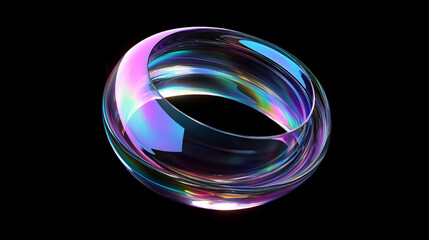 Fototapete - 3D rendering of an abstract futuristic shape resembling a clear contact lens with an iridescent glass texture, floating on a black background. Features pastel colors in blue, purple, green, and pink.
