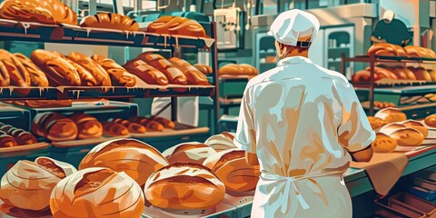 baker in white uniform surrounded by fresh bread.