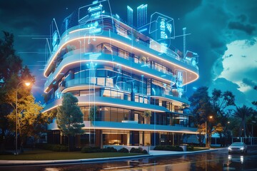 Wall Mural - Futuristic building design with neon lights, surrounded by greenery and a dynamic sky, showcasing modern architecture and technology.