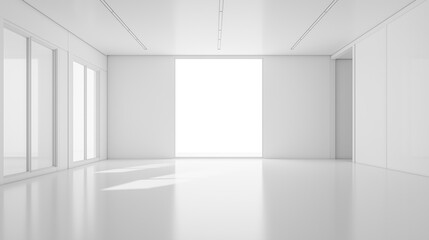 Poster - White room empty studio with white empty display copy space background, big white room with big windows and sunlight soft light with white floor and walls