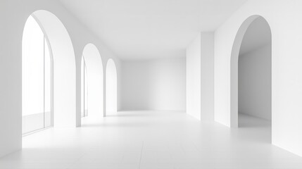 Poster - White room empty studio copy space background, big white room with big windows and sunlight soft light with white floor and walls interior