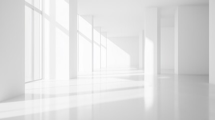 Poster - White room empty studio copy space background, big white room with big windows and sunlight soft light with white floor and walls