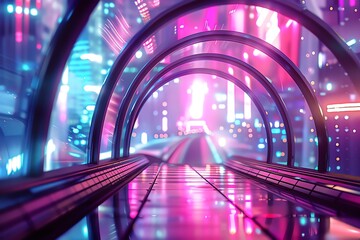 Wall Mural - Futuristic tunnel with vibrant neon lights and reflections, creating a visually stunning sci-fi atmosphere.