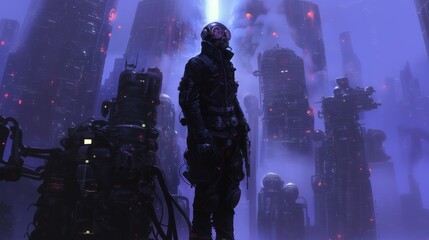 A futuristic cyberpunk scene with a lone figure in a gas mask standing in front of towering structures in a hazy, neon-lit city.