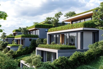 Modern eco-friendly homes with lush greenery and green roofs, harmoniously blending architecture with nature.