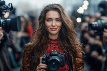 A poised woman with tousled hair and stylish leather jacket holds a professional camera surrounded by a city crowd, capturing urban moments with confidence and charm.