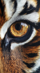 close-up of intense tiger eye with detailed fur patterns