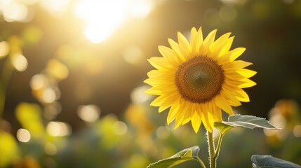 Sticker - A single sunflower basking in the sunlight, with a blurred background. Ideal for bright and cheerful floral visuals.