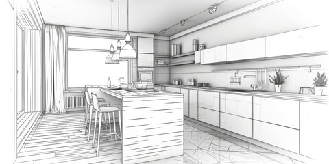 Poster - Draw sketch kitchen interior