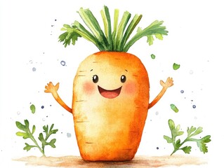 Poster - Adorable Watercolor Painted Carrot Clipart with Cheerful Facial Expression Isolated on Clean White Background  Healthy Vegetable Food Icon Design Element