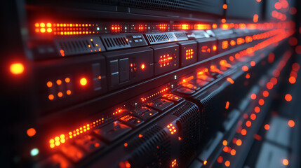 Poster - A row of computer servers with red lights on them