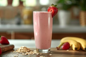 View of a strawberry banana and oatmeal smoothie on kitchen countertop