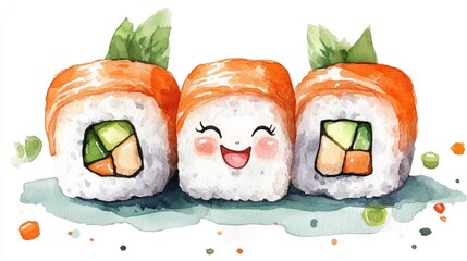 Adorable sushi roll clipart in watercolor and kawaii style  Vibrant colorful and minimalist food icon or graphic design element for Japanese cuisine restaurant menu recipe packaging