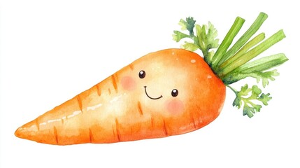 Poster - Cheerful and Vibrant Watercolor Carrot Food Icon with Happy Facial Expression Isolated on Clean White Background  Playful and Whimsical Vegetable Character Graphic for Healthy Eating Cooking