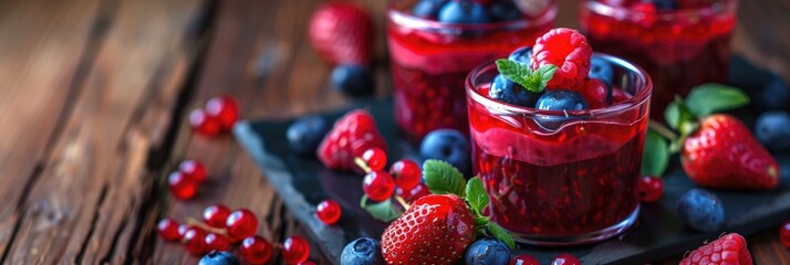 German Red Berry Pudding Made with Strawberry Blueberry Raspberry and Redcurrants on Dark Wood Selective Focus