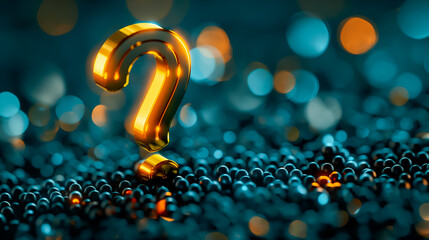 Poster - Beautifully illuminated Question Mark stands out against an abstract blue background, enhanced with a captivating bokeh effect