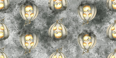 Watercolor seamless Halloween pattern with orange smiling spooky pumpkins on the background. Holiday background for wrapping paper, fabric, textile, scrapbook.