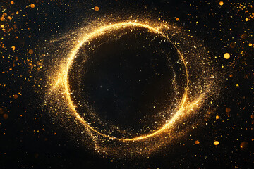 Wall Mural - Gold glitter circle of light shine sparkles and golden spark particles in circle frame on black background. Christmas magic stars glow, firework confetti of glittery ring shimmer	