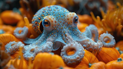 Sticker - A Blue Octopus Among Pumpkins