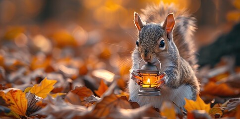 Canvas Print - Squirrel Holding a Lantern in Autumn Leaves